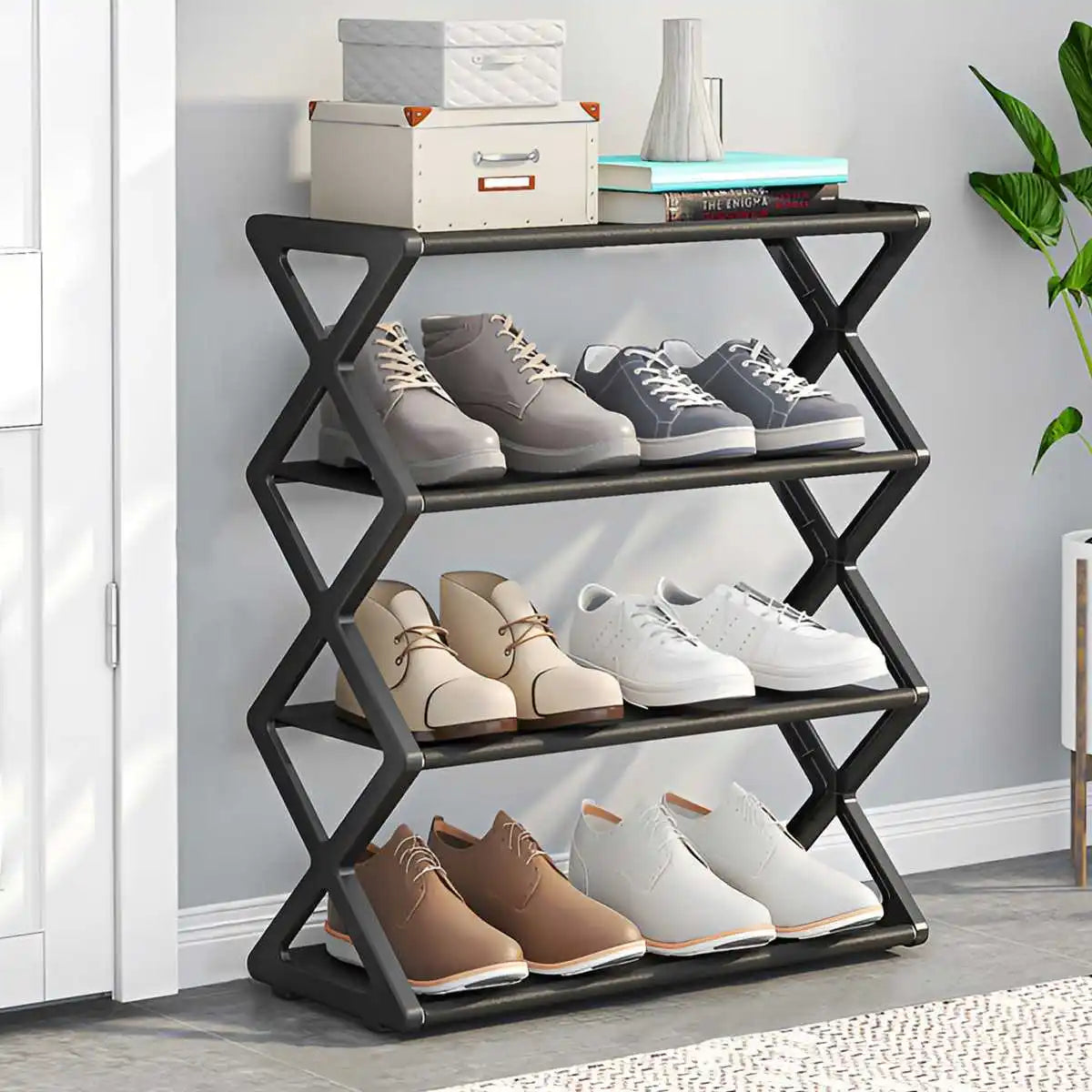 Étagère à Chaussures 4 Niveaux en X – Anti-Poussière, Pliable, 8-10 Paires
